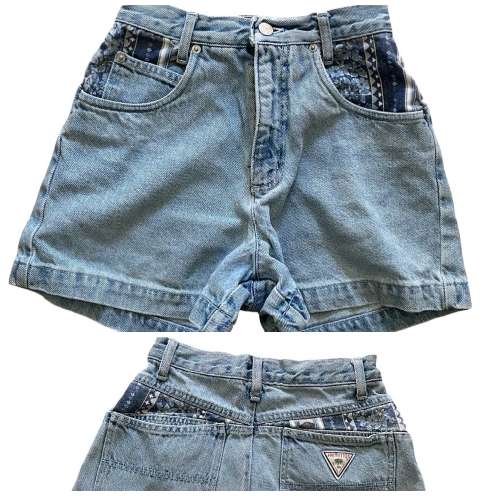 Vintage 90s Palmettos High-Waisted Denim Shorts Tribal Waistband Patch Pocket